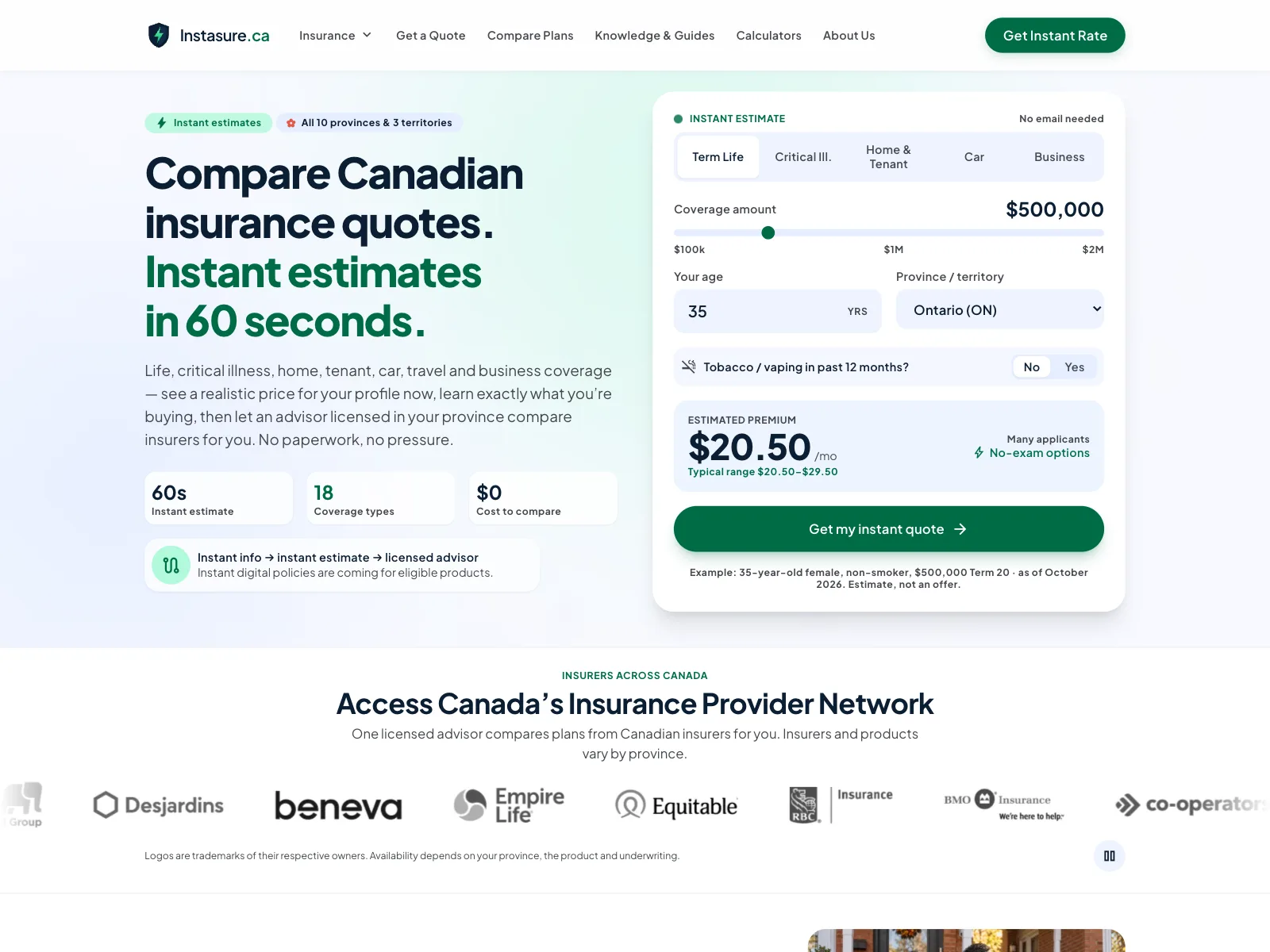 Instasure insurance quote home page