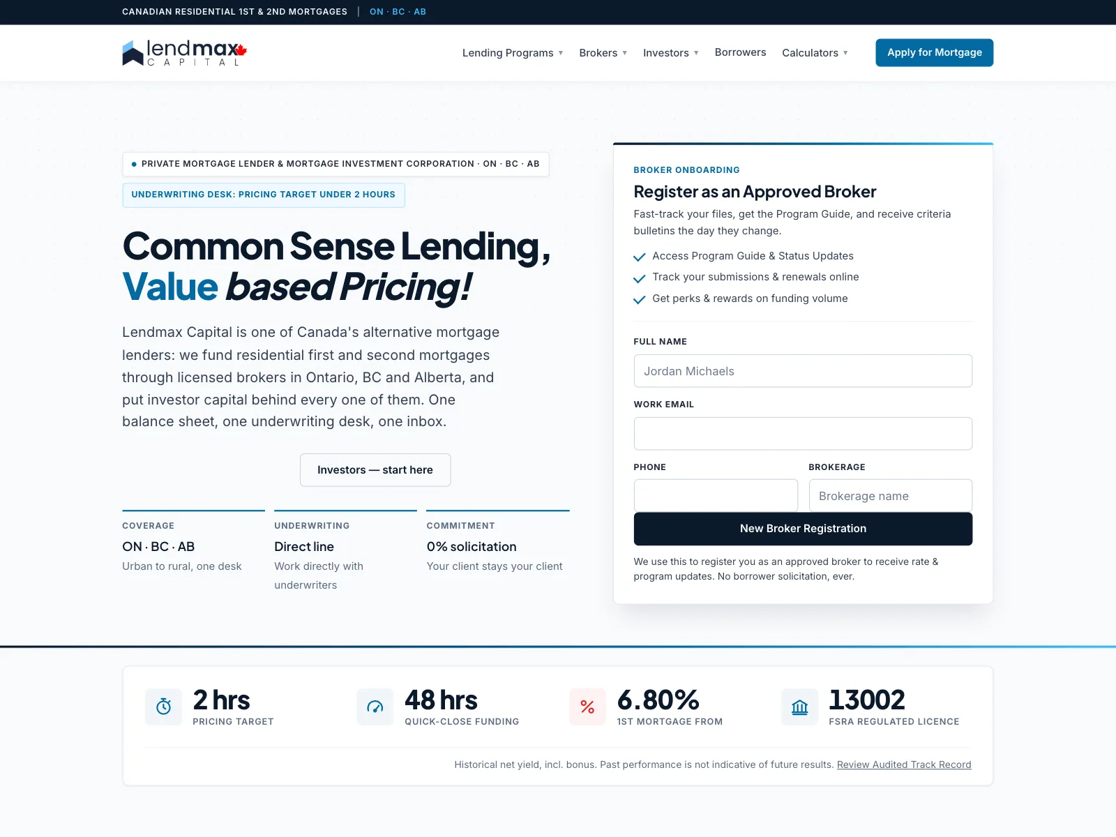 Lendmax Capital lender website home page